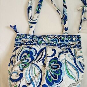 Vera Bradley Blue Flowers and Diamonds pattern white background, Shoulder Bag.